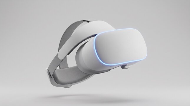 Futuristic virtual reality headset with sleek design and glowing blue accents, offering an immersive digital experience