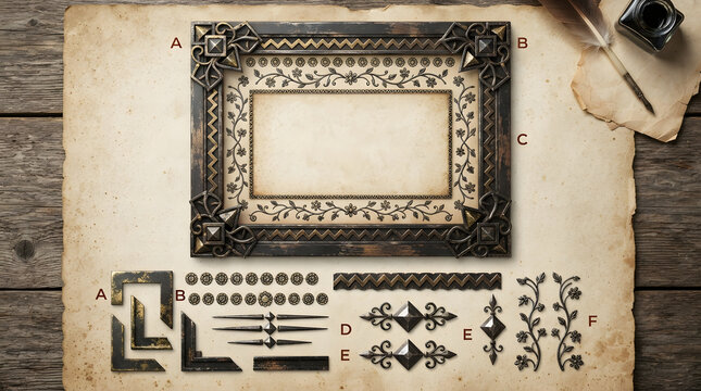 Vintage decorative frame kit with geometric and floral ornaments on aged parchment paper background