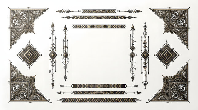 Set of vintage decorative frame corners and border elements isolated on a white background