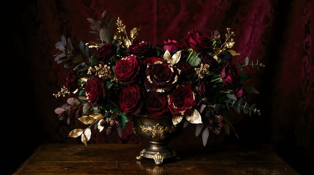 Beautiful bouquet of dark red roses in a vintage vase on a table with a dark moody background