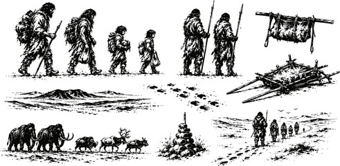 Fototapeta premium Cave people hunting expedition and primitive tools prehistoric life, early humans, mammoths and stone age artifacts