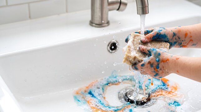 Child washing paint off hands with a sponge in a bathroom sink