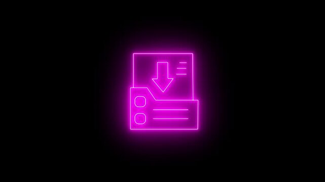 Glowing Purple Neon Document Folder Icon with Downward Arrow Symbolizing File Download Data Transfer Save Storage Import System Concept on Black Background.