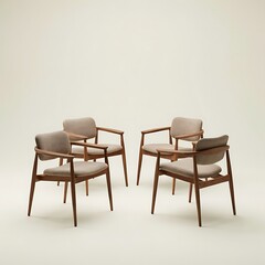 Obraz premium Minimal wooden dining chair set with beige cushions isolated against a warm neutral background