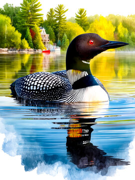 Watercolor illustration of a common loon swimming on a calm lake with forest and cottage in the background.