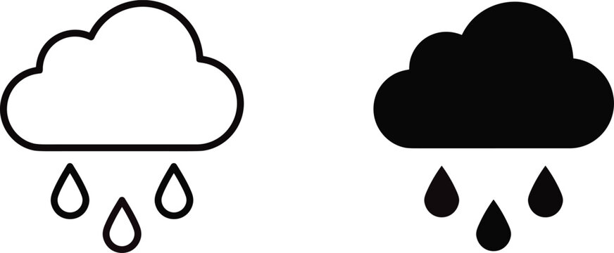 Rainy cloud icon vector set featuring outline and solid styles for weather forecasting