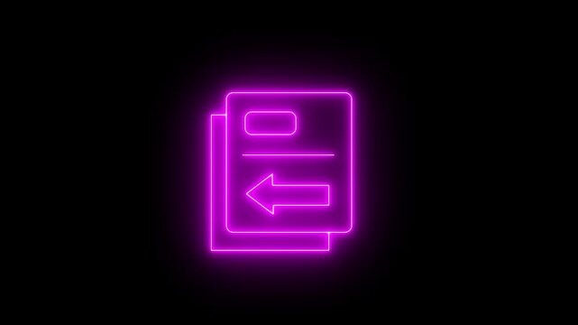 Glowing neon magenta icon depicting stacked document sheets with an internal leftward directional arrow, set against a dark background. Animated data import file transfer graphic.