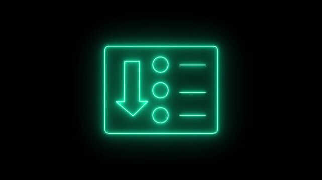 Glowing cyan Neon Sorting List Icon with Downward Arrow Symbolizing Task Priority Data Organization Menu Download Management System on Black Background.