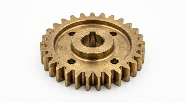 metal cog sprocket wheel pinion machine component part mechanism transmission drive rotary rotation mechanical engine motor spindle shaft keyway bore tooth teeth metallic gold