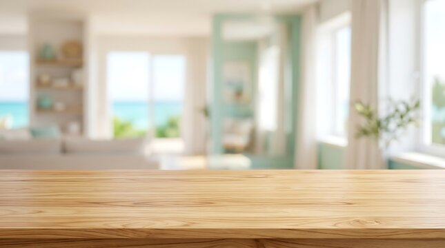 Empty wooden table top mockup with blurred beach house living room and ocean view background for retail product presentation
