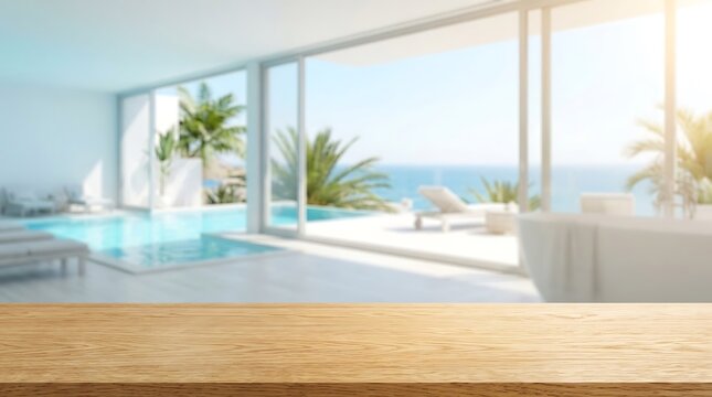 Empty wooden table top background with blurred luxury resort beach villa and infinity pool for product advertisement.