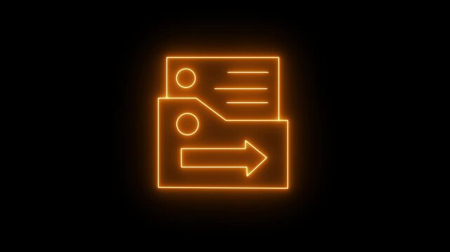 Glowing neon orange icon depicting a document file emerging from a folder with a rightward directional arrow across the front, set against a dark background. 