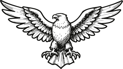 Fototapeta premium eagle with outstretched wings holding shield emblem black and white illustration