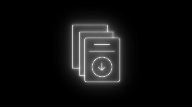 Glowing white Neon Multiple Documents Stack Icon with Downward Arrow Symbolizing Batch File Download Data Transfer Archive Storage Management Concept on Black Background.
