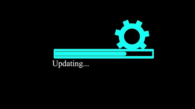 Digital progress bar animation with rotating gear icon for software updates
