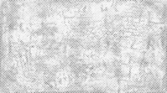 Black and white halftone pattern with distressed grunge texture, abstract dotted overlay with varying dot density and grainy noise effect