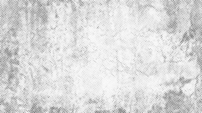 Black and white halftone texture with distressed grunge overlay, grainy dot pattern background, with faded ink, splatter effects