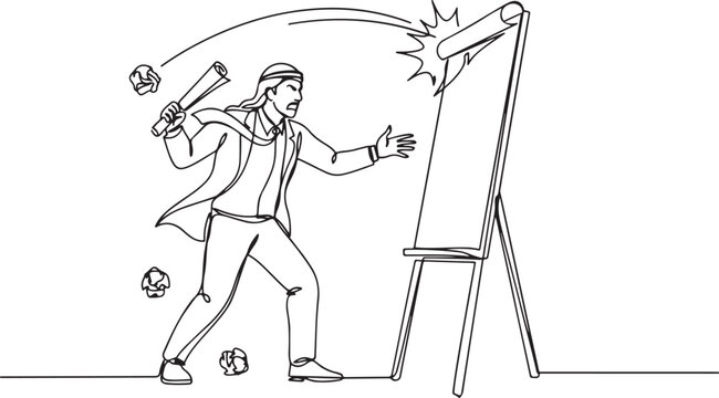 Continuous one line drawing Arab businessman preparing to hit the big flip chart. Rampage. Destroy business reports that are not as desired. Anger exploded. one line icon drawing