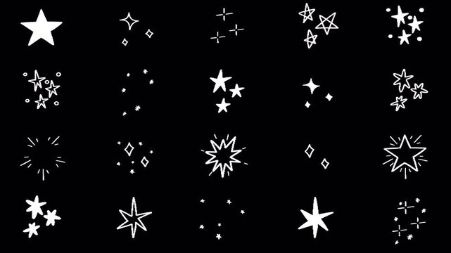 2D Hand Drawn White Star Sparkle Burst Line Art Animation Frame by Frame Overlay with Transparent Background Alpha Channel