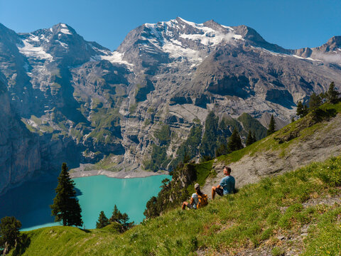 Breathtaking views at Oeschinensee in Kandersteg, Switzerland during a sunny holiday