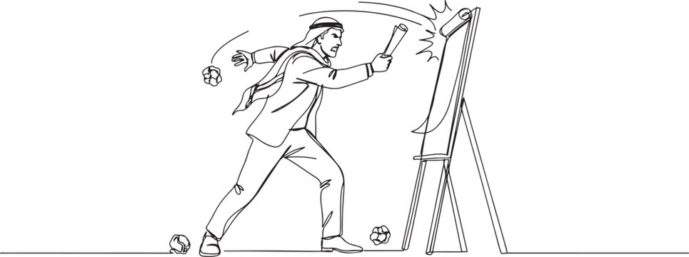 Continuous one line drawing Arab businessman preparing to hit the big flip chart. Rampage. Destroy business reports that are not as desired. Anger exploded. one line icon drawing