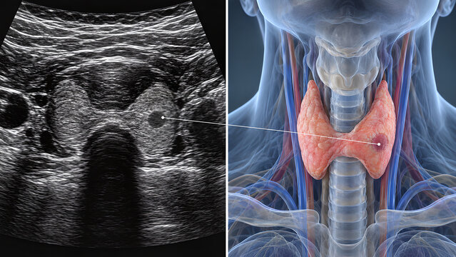 Thyroid nodule and neck lump evaluation radiology concept with realistic medical imaging and anatomical gland detail for diagnostic awareness, patient education, healthcare websites and design