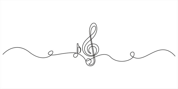 Continuous one line drawing of music notes on stave musical symbol vector illustration, Treble clef and musical note one line art, hand drawn continuous contour. Artistic creative concept, minimalist 
