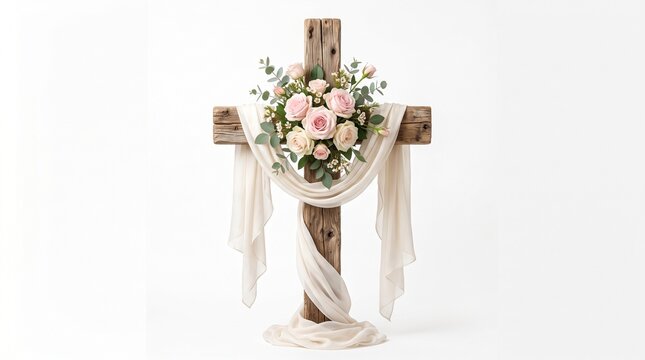 rustic crucifix floral arrangement blush flowers drape fabric cremation memorial funeral decorations sympathy tribute religious christian easter spring centerpiece standing altar