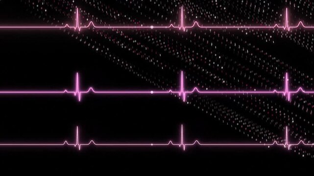 Glowing Pink EKG Heartbeat Pulse Lines on Digital Binary Code Background, 4K Medical Technology Concept for Cardiology Data Monitoring and Vital Signs Healthcare Visualization.