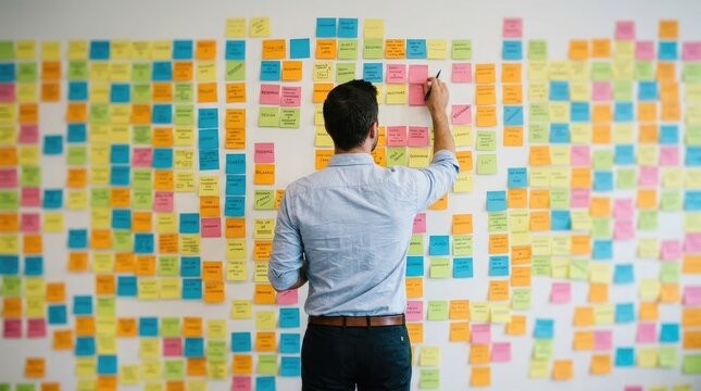 A professional man standing in front of a wall covered with many colorful sticky notes planning business projects
