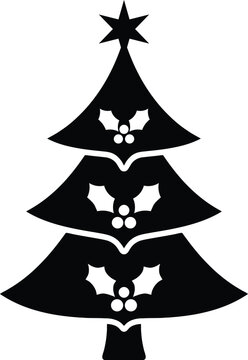 Christmas tree silhouette vector with holly berries holiday design