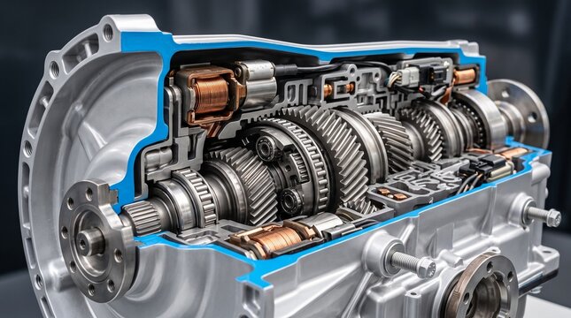Detailed cross section of a professional mechanical car transmission and gear system
