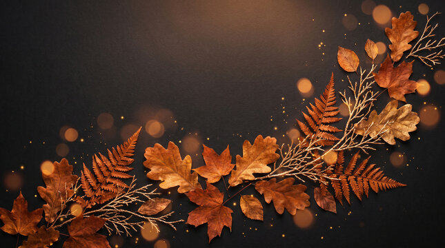 Autumn background with golden fall leaves and sparkling bokeh lights on a dark textured surface