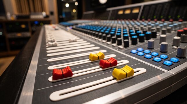 Professional audio mixing console in a recording studio with faders and knobs
