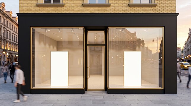 Modern luxury storefront display with blank glowing posters on a city street