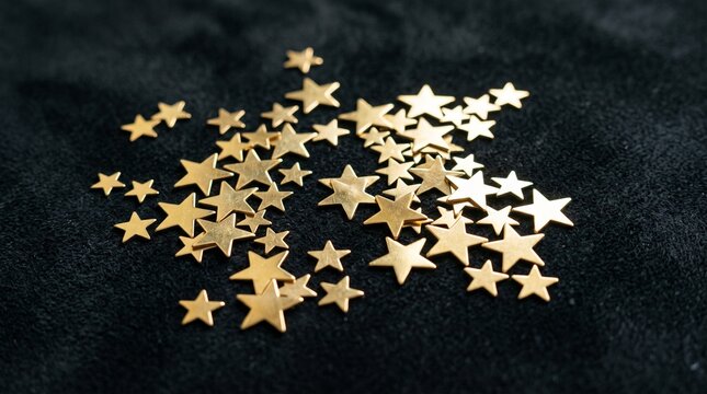 A scattering of small golden star shaped confetti on a dark textured background vector illustration