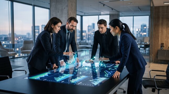 Diverse business team collaborates on futuristic interactive table displaying financial data and network connections vector illustration