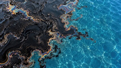 Obraz premium Crude Oil Spill Spreading Across Clear Blue Water, Petroleum Contamination, Marine Pollution and Environmental Disaster Background