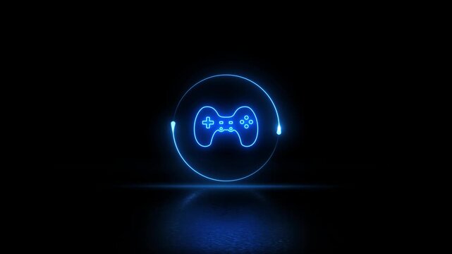 Neon glowing with reflection video game controller icon video animation. Neon lighting Gaming controller device symbol motion animation. Game controller icon sign animation.
