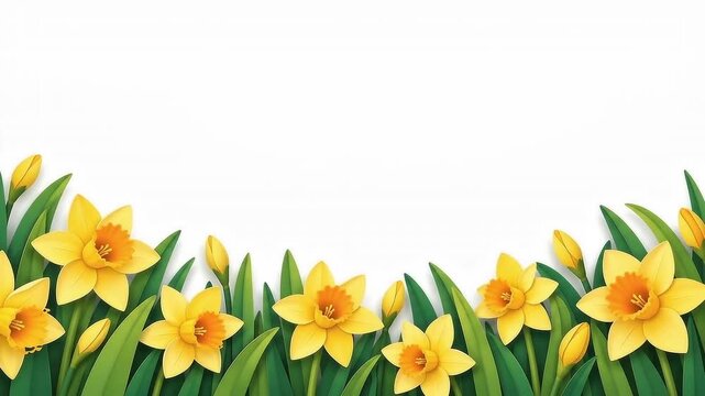 Yellow Daffodil Flowers and Green Leaves Along White Background, Bright Floral Border and Cheerful Spring Garden Design with Wide Copy Space