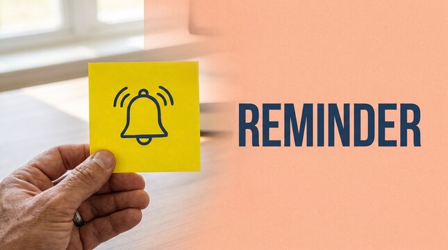 Person holding bell icon note with reminder text in office