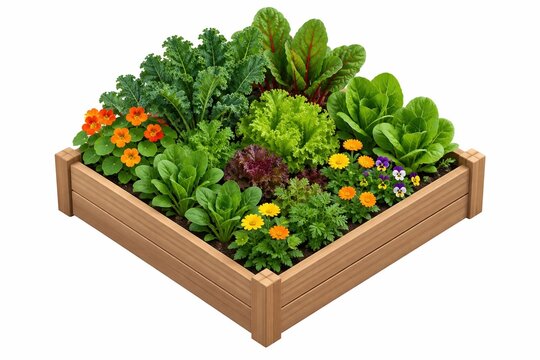 Vibrant companion planting garden featuring lush leafy greens and colorful edible flowers