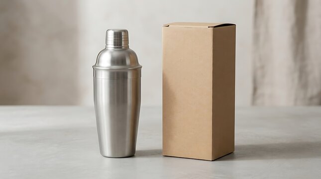 Metal cocktail shaker and cardboard box on a table. cocktail shaker mockup