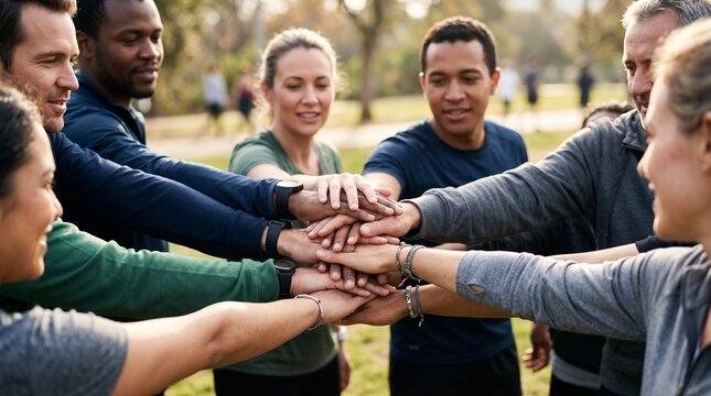 Diverse group of friends and colleagues in a park putting their hands together in a sign of unity and teamwork vector illustration