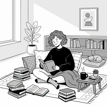 Cozy woman reading a book at home with cat and coffee vector line art illustration icon