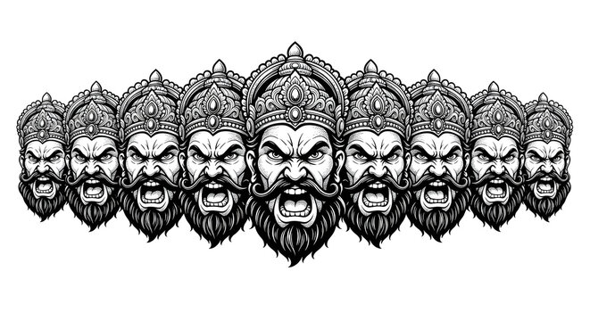 Happy Dussehra or Vijayadashami banner poster. Ten heads of Ravana concept in illustration.