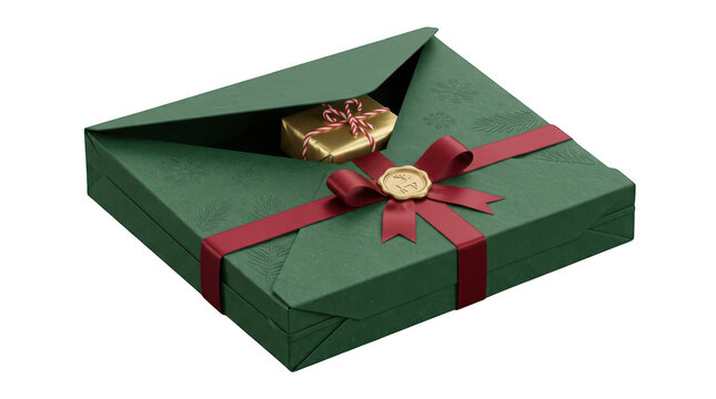 Isolated green envelope box with red ribbon and golden wax seal containing a small present transparent background