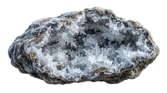 Natural crystal geode filled with intricate white ice snowflake patterns isolated on a plain white background transparent background