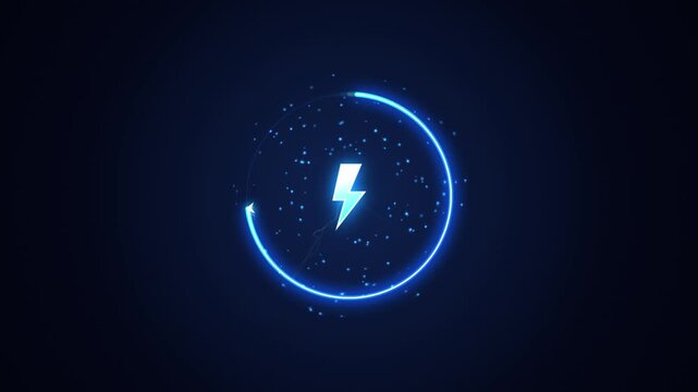 Futuristic fast charging progress ring with glowing neon blue lightning bolt on dark background.