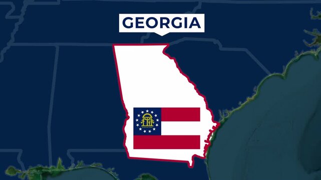 Satellite map animation of Georgia, USA. Blinking territory, state flag, pinned name, animated outline of the border. Concept for broadcast, social media, education.